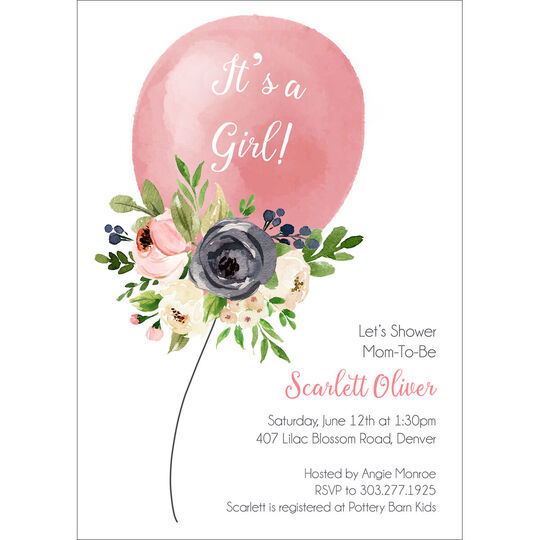 Pink Floral Balloon Baby Shower Invitations